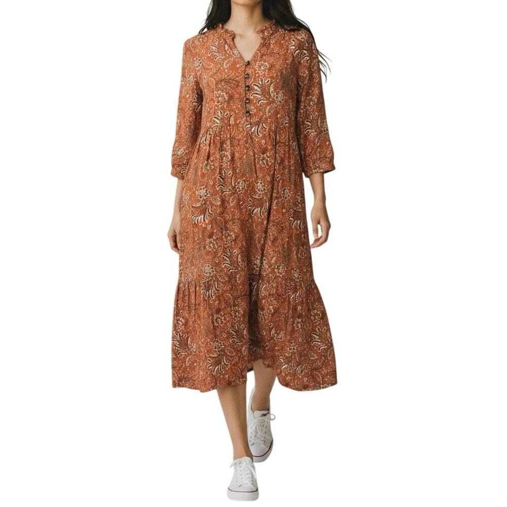 J. Jill Rust Paisley Floral Rayon Ruffle V-Neck Button Midi Dress XS Petite